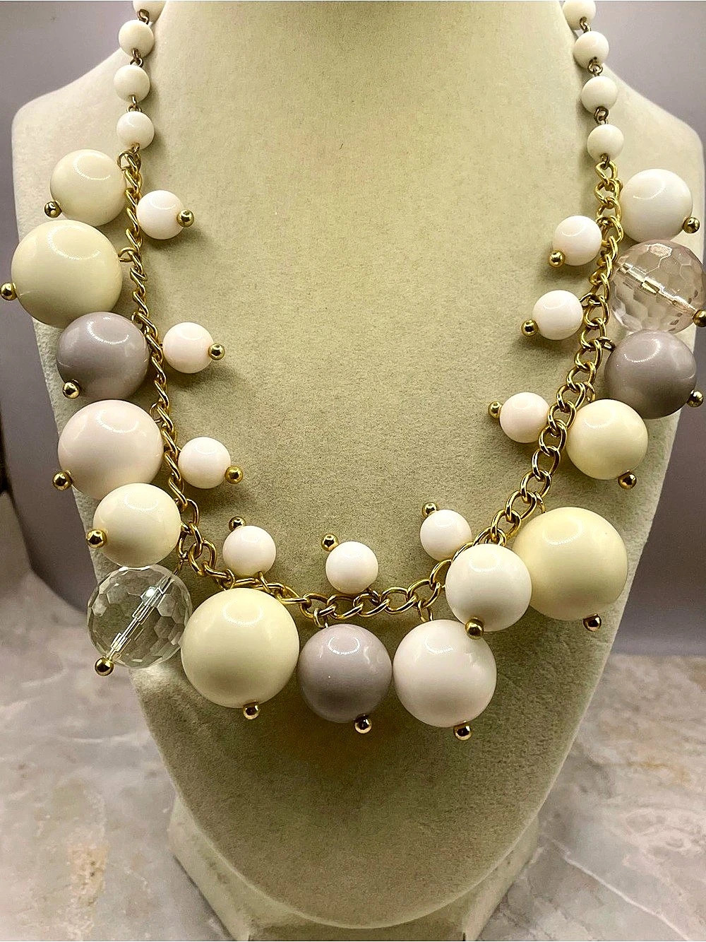Beaded Statement Necklace in Cream White & Grey Like New. Gold tone. 19 inches